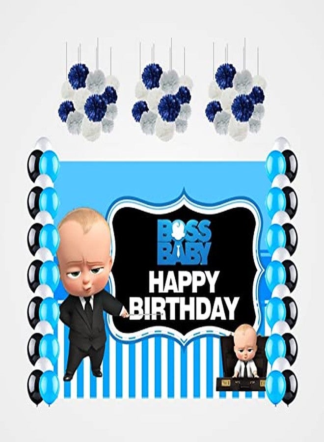 Theme My Party Combo Kit -Boss Baby Decoration Kit with Backdrop,Balloons and Pom Pom/Lanterns (7ft X 5ft) - Image 1